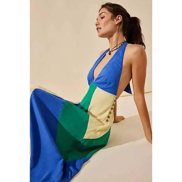 NWT Free People Give Me A Spin Midi Maxi Dress Linen Halter Blue Large